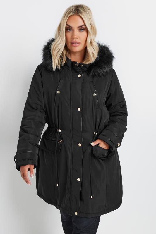 evans YOURS Curve Black Faux Fur Trim Plush Parka Jacket