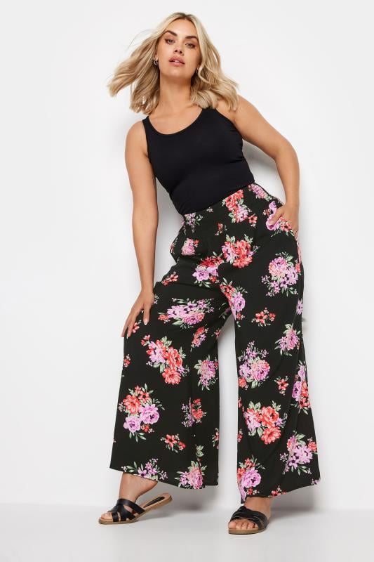 Evans YOURS Curve Black Floral Bloom Print Shirred Wide Leg Trousers