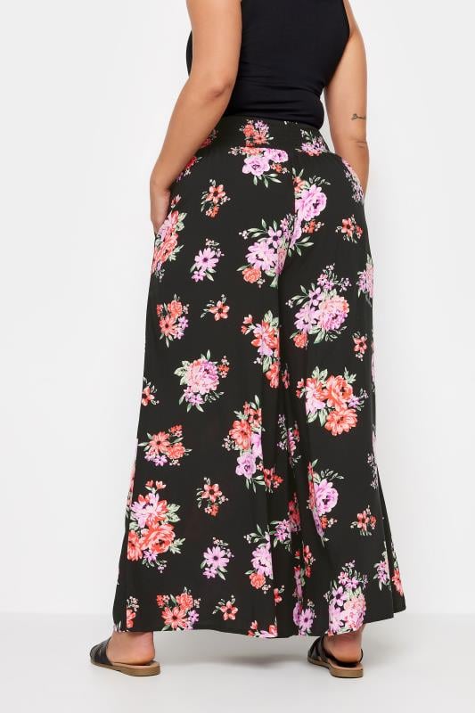 Evans YOURS Curve Black Floral Bloom Print Shirred Wide Leg Trousers