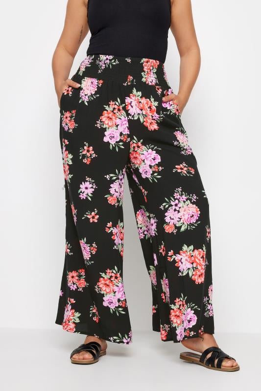 evans YOURS Curve Black Floral Bloom Print Shirred Wide Leg Trousers