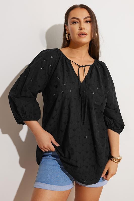 Evans YOURS Curve Black Floral Broderie Anglaise Tie Front Top