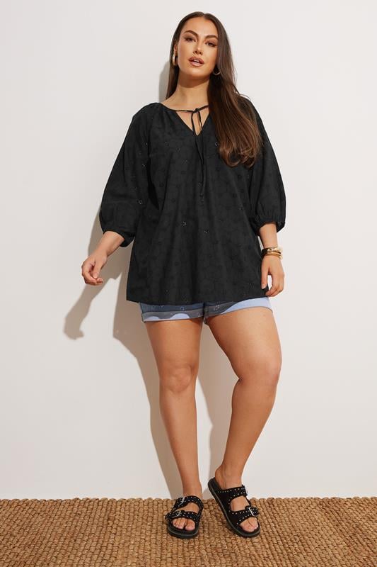 Evans YOURS Curve Black Floral Broderie Anglaise Tie Front Top