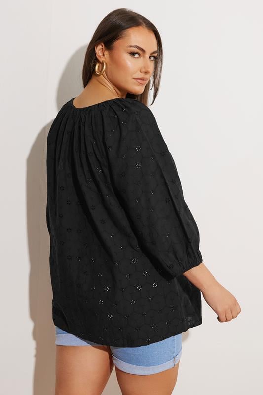 Evans YOURS Curve Black Floral Broderie Anglaise Tie Front Top