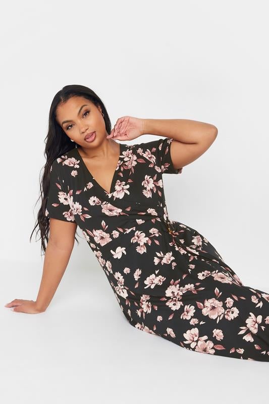 Evans YOURS Curve Black Floral Buckle Detail Midi Dress