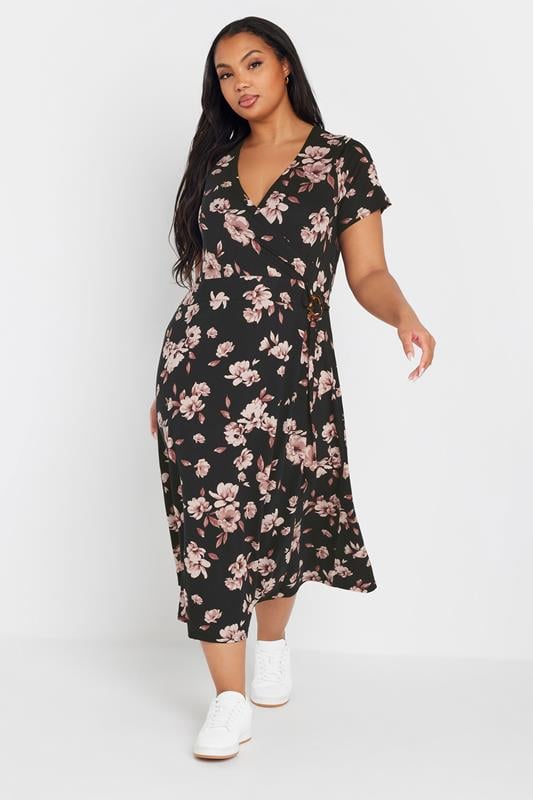 evans YOURS Curve Black Floral Buckle Detail Midi Dress