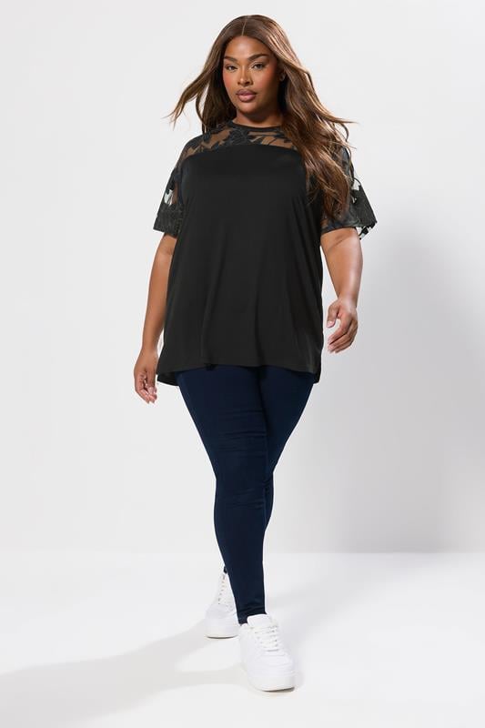 Evans YOURS Curve Black Floral Burnout Boxy T-Shirt