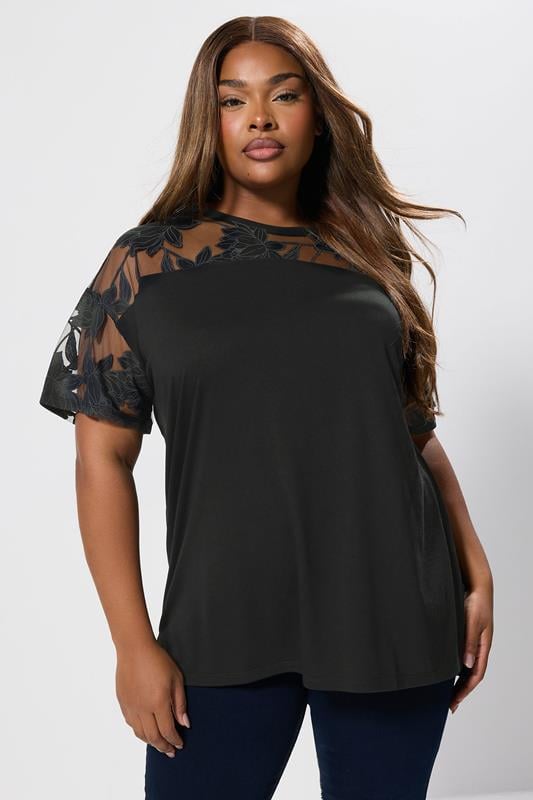 evans YOURS Curve Black Floral Burnout Boxy T-Shirt