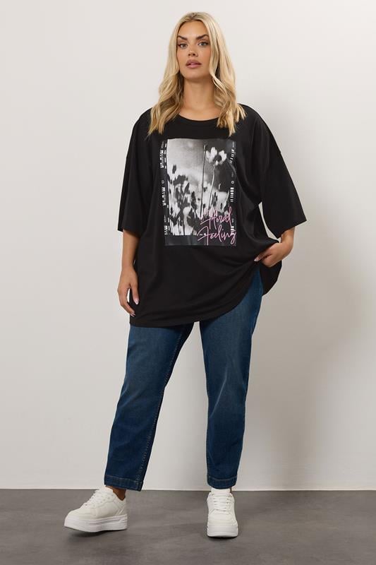 Evans YOURS Curve Black 'Floral Feeling' Oversized T-Shirt