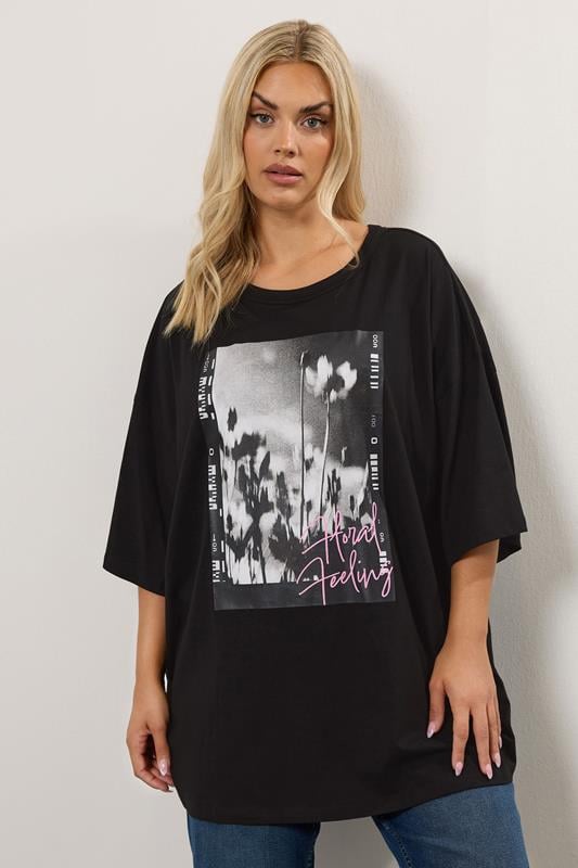 evans YOURS Curve Black 'Floral Feeling' Oversized T-Shirt