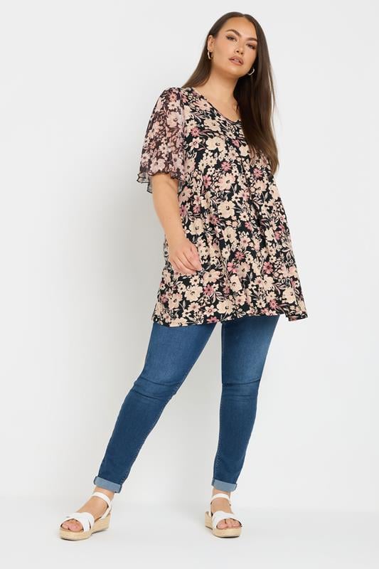 Evans YOURS Curve Black Floral Mesh Sleeve Pleated Top
