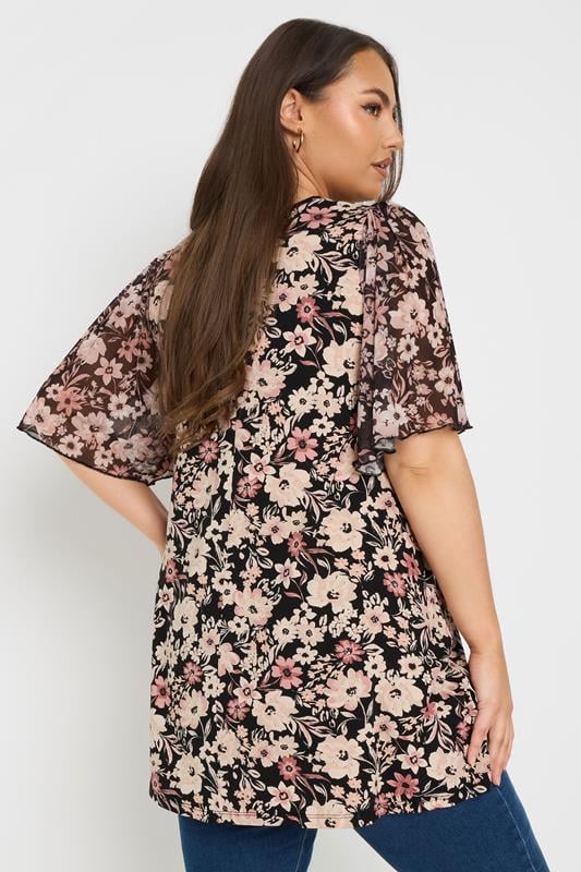 Evans YOURS Curve Black Floral Mesh Sleeve Pleated Top