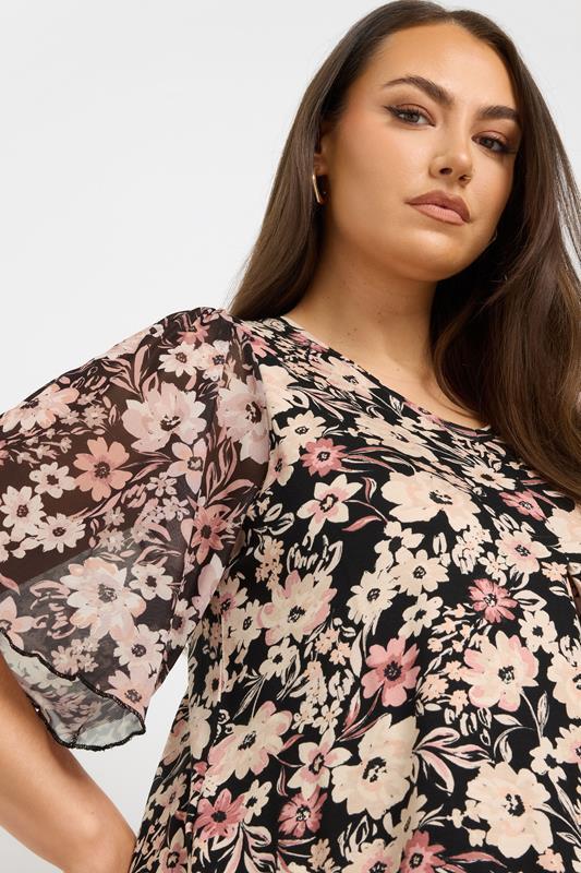 Evans YOURS Curve Black Floral Mesh Sleeve Pleated Top