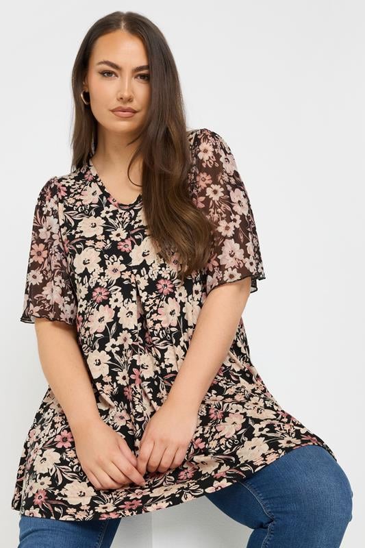 evans YOURS Curve Black Floral Mesh Sleeve Pleated Top