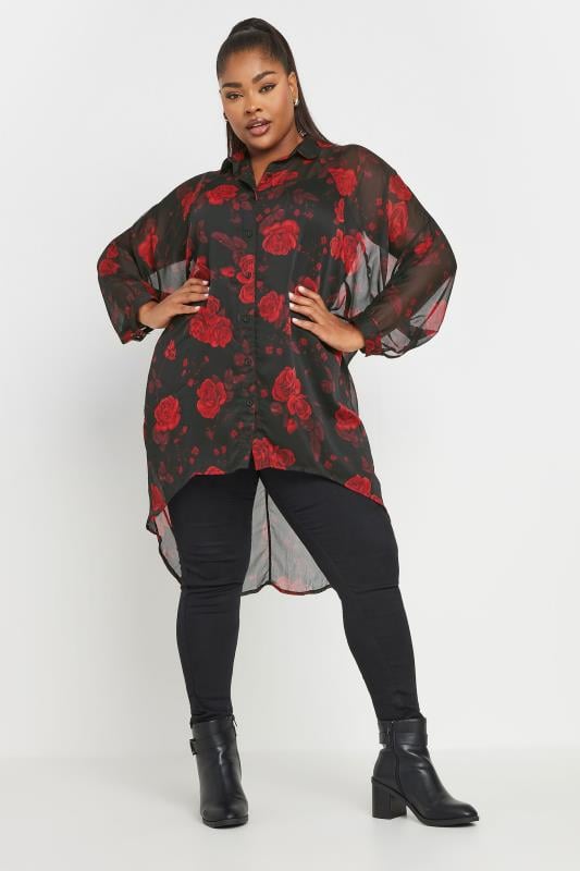 Evans YOURS Curve Black Floral Print Dipped Hem Shirt