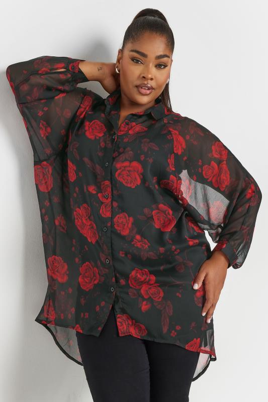 Evans YOURS Curve Black Floral Print Dipped Hem Shirt