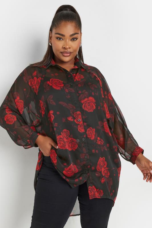evans YOURS Curve Black Floral Print Dipped Hem Shirt