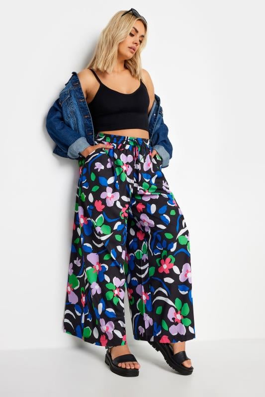 Evans YOURS Curve Black Floral Print Drawstring Wide Leg Trousers