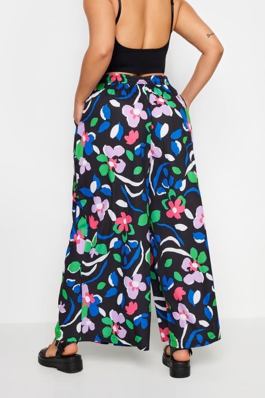 Evans YOURS Curve Black Floral Print Drawstring Wide Leg Trousers