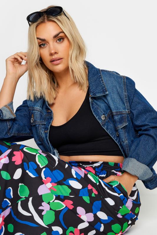Evans YOURS Curve Black Floral Print Drawstring Wide Leg Trousers