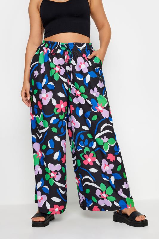 evans YOURS Curve Black Floral Print Drawstring Wide Leg Trousers
