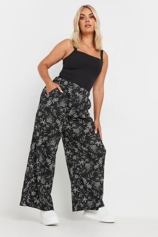 Evans YOURS Curve Black Floral Print Elasticated Wide Leg Trousers