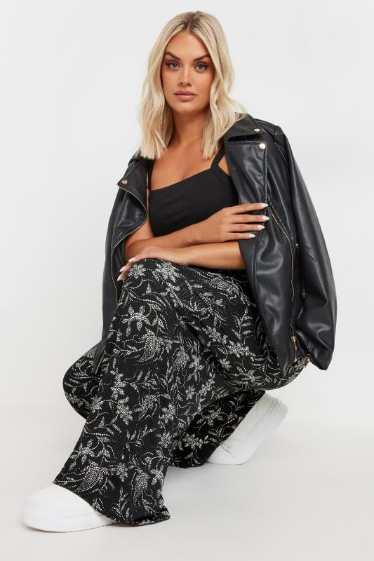 Evans YOURS Curve Black Floral Print Elasticated Wide Leg Trousers