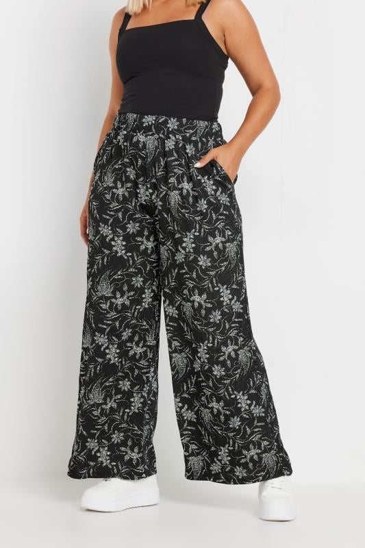 evans YOURS Curve Black Floral Print Elasticated Wide Leg Trousers