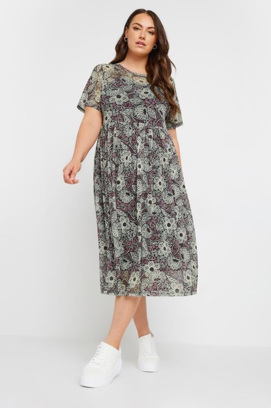 Evans YOURS Curve Black Floral Print Mesh Midaxi Dress