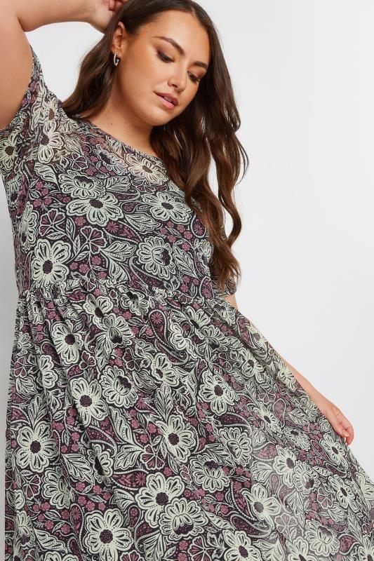 Evans YOURS Curve Black Floral Print Mesh Midaxi Dress
