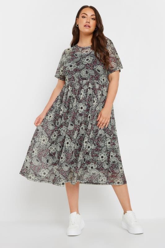 evans YOURS Curve Black Floral Print Mesh Midaxi Dress