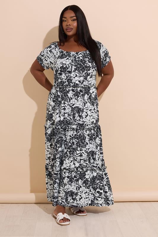 Evans YOURS Curve Black Floral Print Milkmaid Maxi Dress