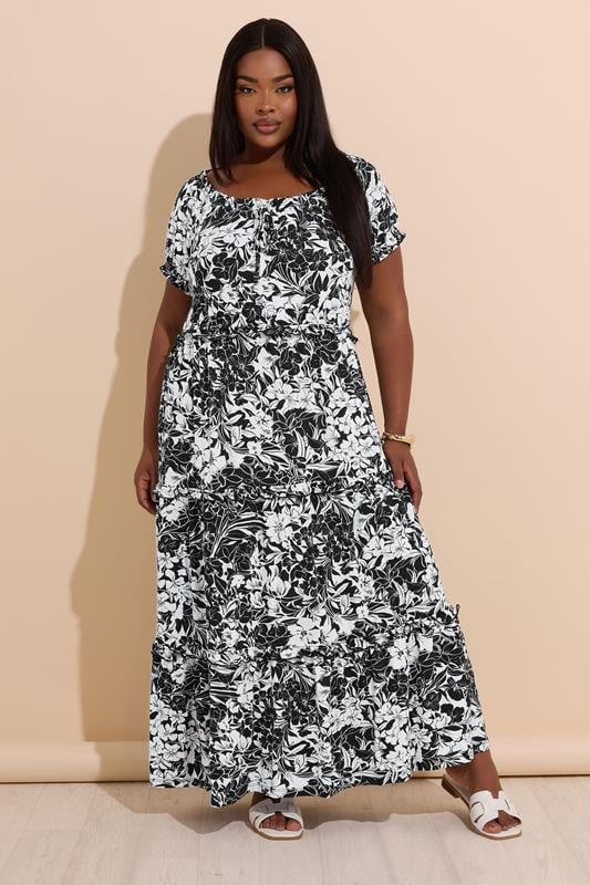 evans YOURS Curve Black Floral Print Milkmaid Maxi Dress