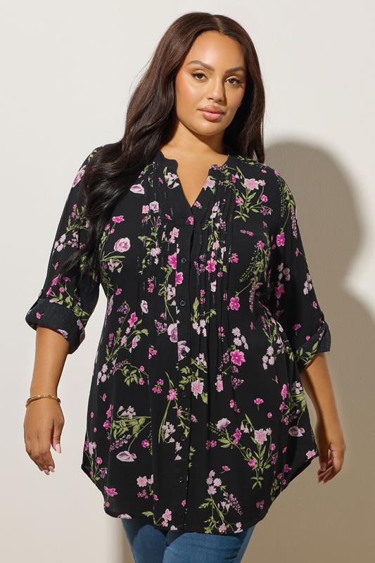 evans YOURS Curve Black Floral Print Pintuck Blouse