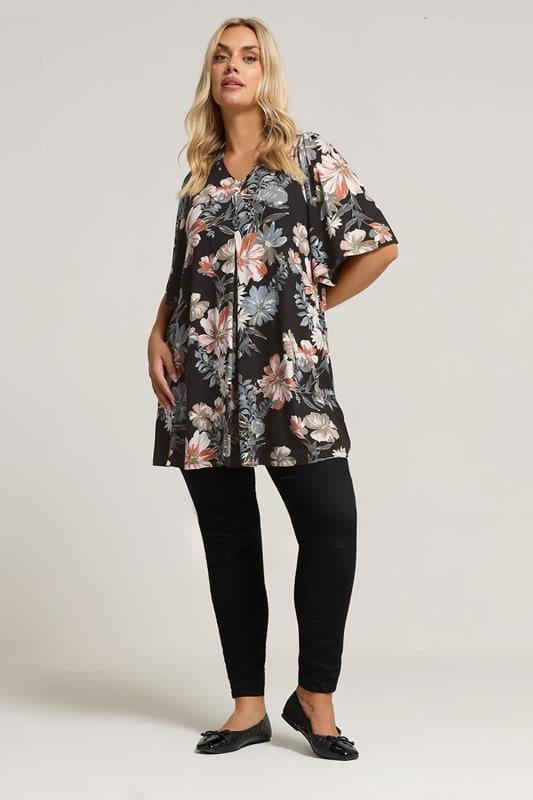 Evans YOURS Curve Black Floral Print Pleat Front Top