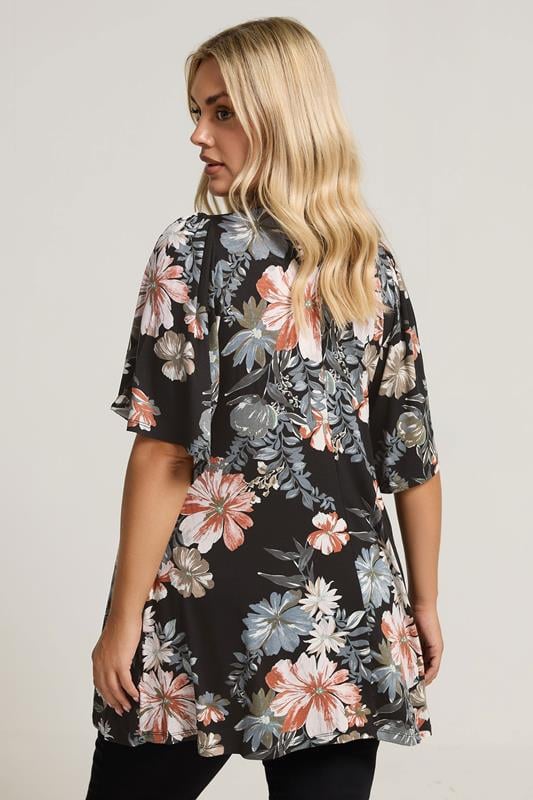 Evans YOURS Curve Black Floral Print Pleat Front Top