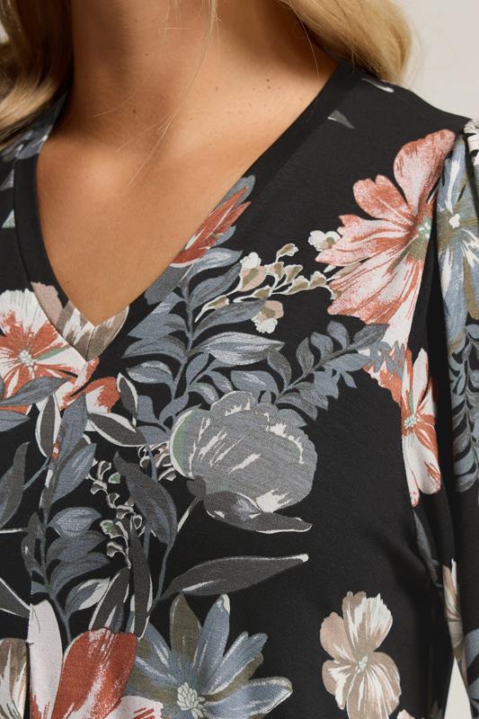 Evans YOURS Curve Black Floral Print Pleat Front Top