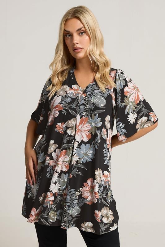 evans YOURS Curve Black Floral Print Pleat Front Top