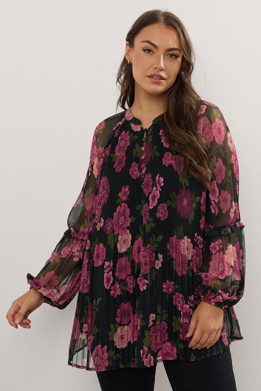 Evans YOURS Curve Black Floral Print Pleated Blouse