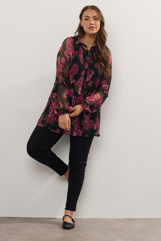 Evans YOURS Curve Black Floral Print Pleated Blouse