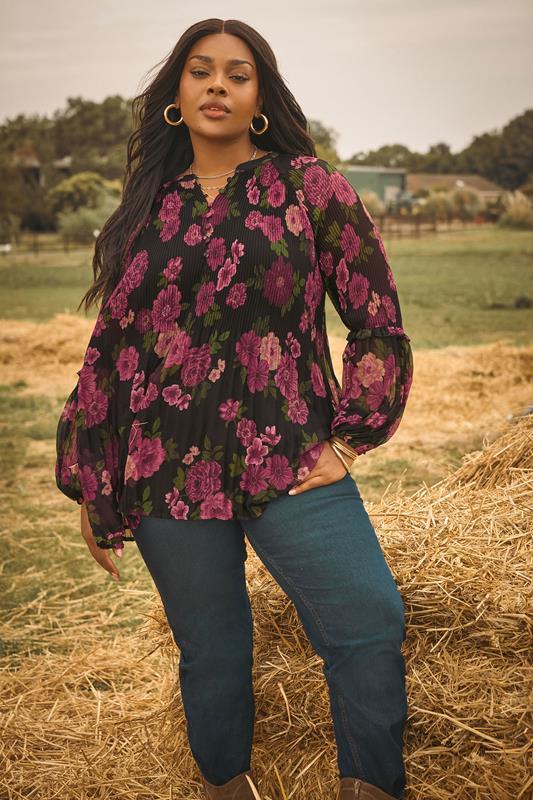 evans YOURS Curve Black Floral Print Pleated Blouse