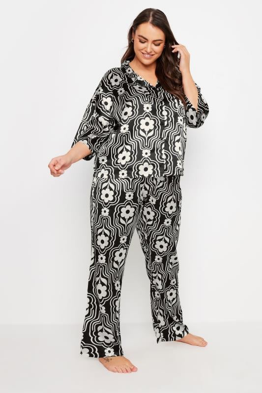 Evans YOURS Curve Black Floral Print Satin Pyjama Set