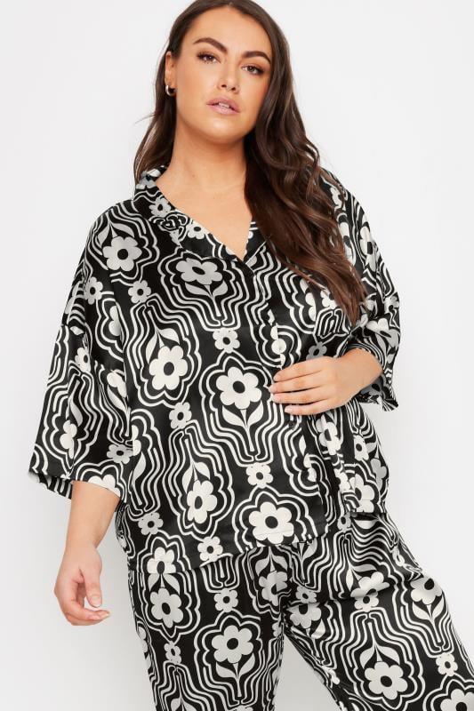 Evans YOURS Curve Black Floral Print Satin Pyjama Set