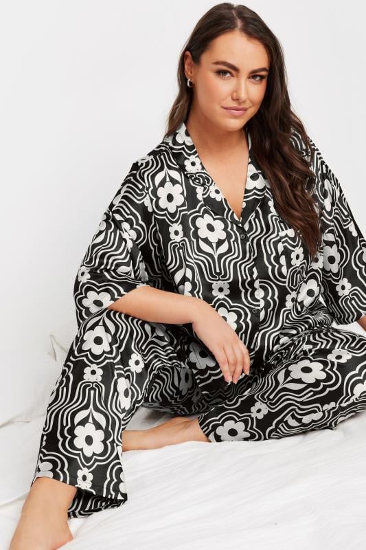 evans YOURS Curve Black Floral Print Satin Pyjama Set