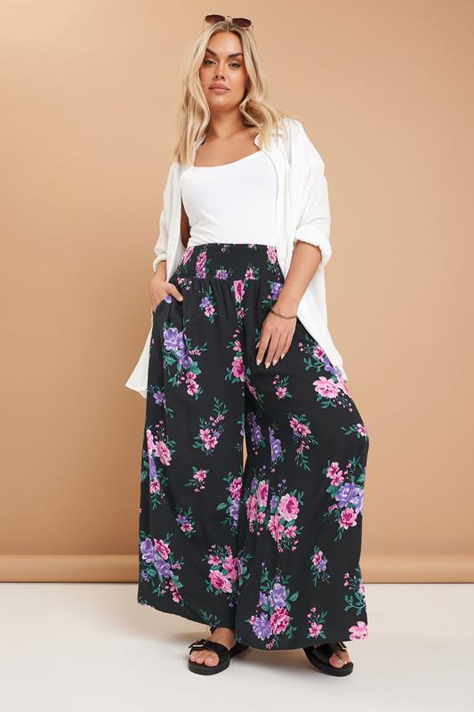 Evans YOURS Curve Black Floral Print Shirred Wide Leg Trousers