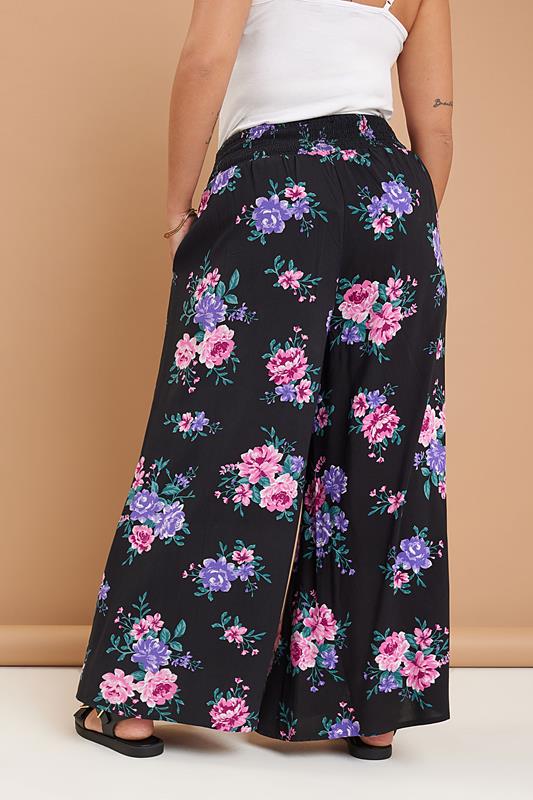 Evans YOURS Curve Black Floral Print Shirred Wide Leg Trousers
