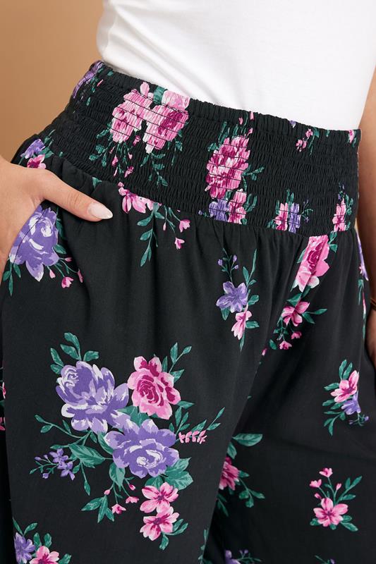 Evans YOURS Curve Black Floral Print Shirred Wide Leg Trousers