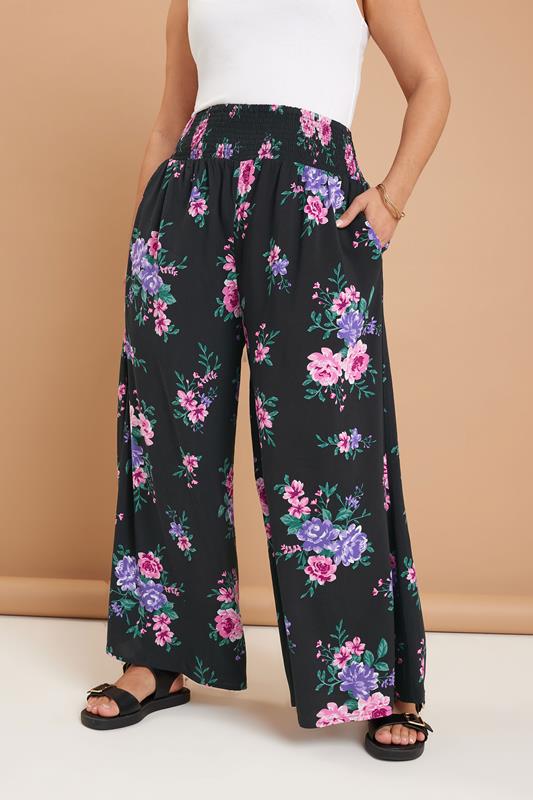 evans YOURS Curve Black Floral Print Shirred Wide Leg Trousers