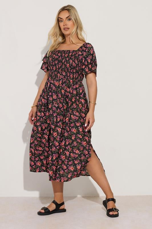 Evans YOURS Curve Black Floral Print Square Neck Midaxi Dress