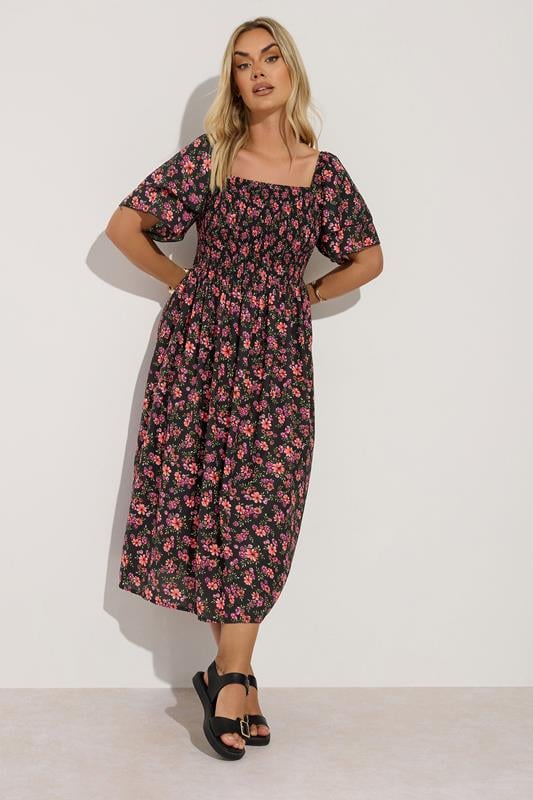 evans YOURS Curve Black Floral Print Square Neck Midaxi Dress