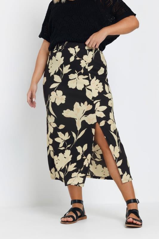 evans YOURS Curve Black Floral Print Textured Maxi Skirt
